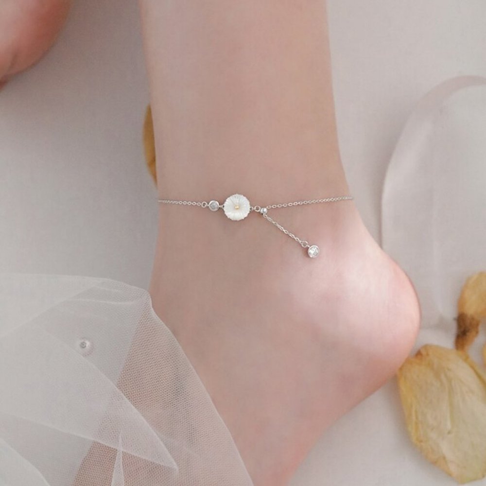 NEW 925 Sterling Silver Shell Diamond Daisy Anklet - Picture 6 of 9
